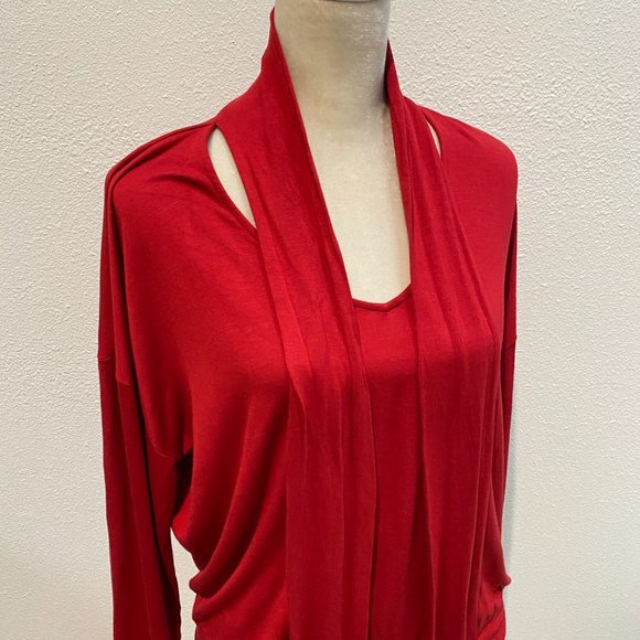 CAbi Red Blouse Long Sleeve Sweater Neck Tie Medium Holiday Rayon - Picture 8 of 10